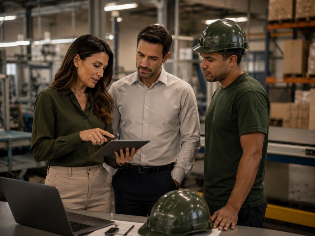 Especialista em ergonomia da SegVida orientando gestão e equipe operacional em ambiente industrial
